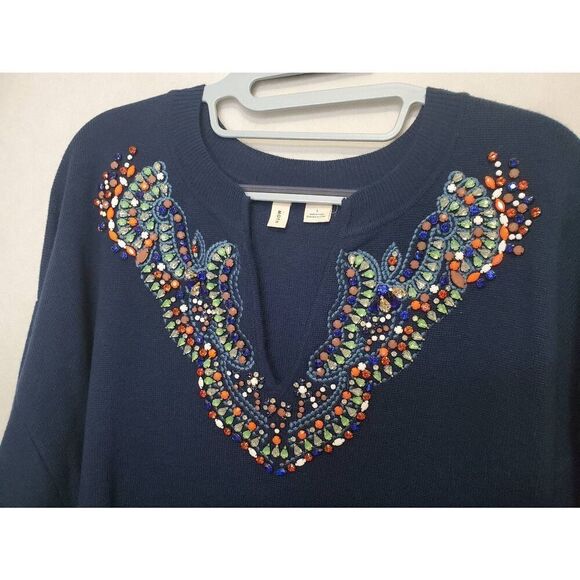 Anthropologie Moth Jeweled Embellished Split V Neck Navy Sweater Sz L - Picture 4 of 9